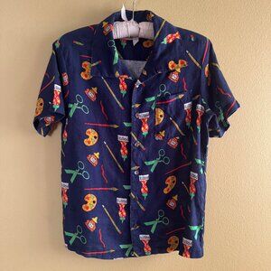 Fashion Brand Company Navy Button-Down Shirt with Colorful Art Tools Print